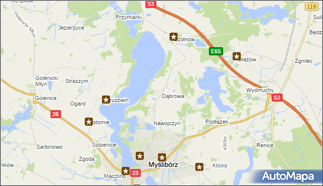 mapa Dąbrowa gmina Myślibórz, Dąbrowa gmina Myślibórz na mapie Targeo