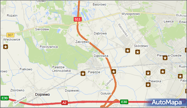 mapa Dąbrówka gmina Dopiewo, Dąbrówka gmina Dopiewo na mapie Targeo