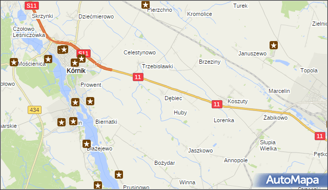 mapa Dębiec gmina Kórnik, Dębiec gmina Kórnik na mapie Targeo