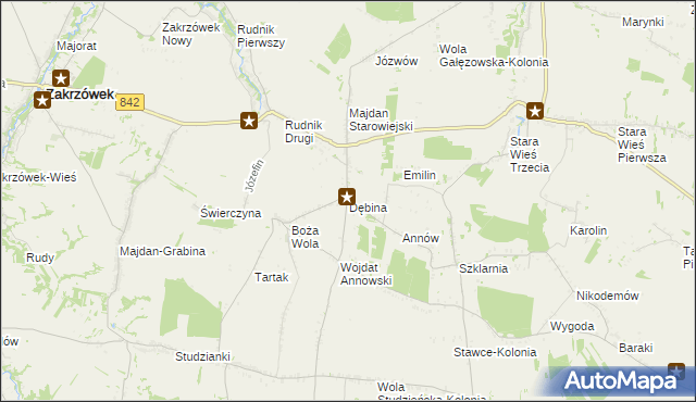 mapa Dębina gmina Zakrzew, Dębina gmina Zakrzew na mapie Targeo