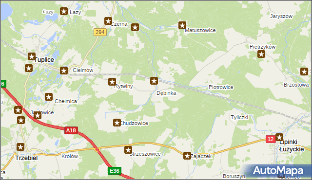 mapa Dębinka gmina Trzebiel, Dębinka gmina Trzebiel na mapie Targeo