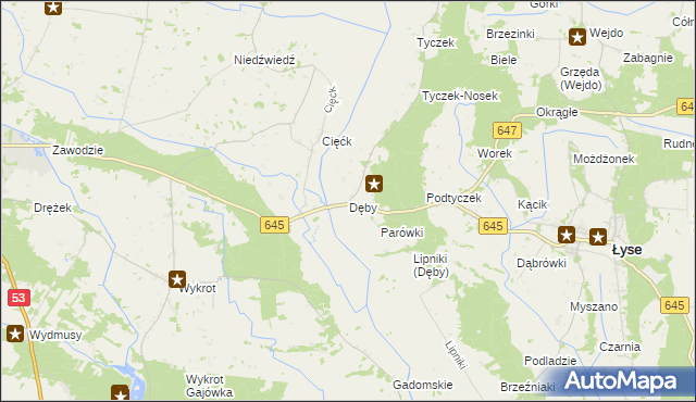 mapa Dęby gmina Łyse, Dęby gmina Łyse na mapie Targeo