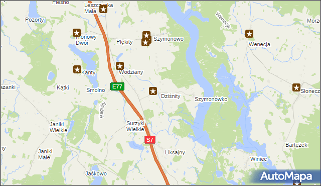 mapa Dziśnity gmina Małdyty, Dziśnity gmina Małdyty na mapie Targeo