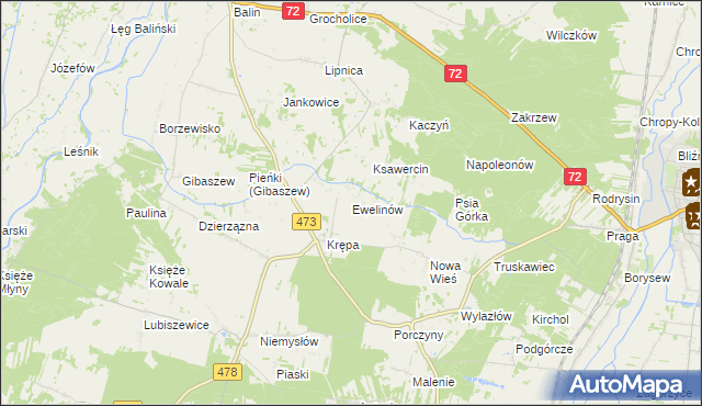 mapa Ewelinów gmina Poddębice, Ewelinów gmina Poddębice na mapie Targeo