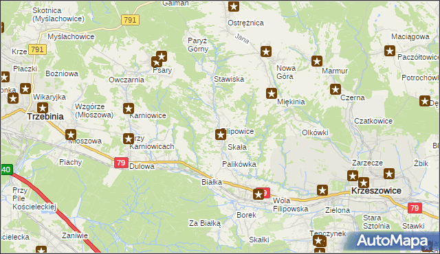 mapa Filipowice gmina Krzeszowice, Filipowice gmina Krzeszowice na mapie Targeo