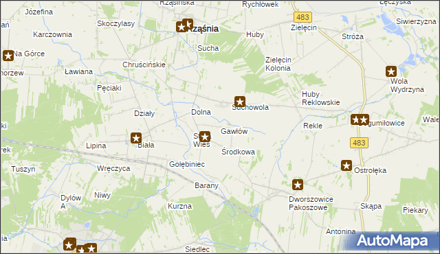 mapa Gawłów gmina Rząśnia, Gawłów gmina Rząśnia na mapie Targeo