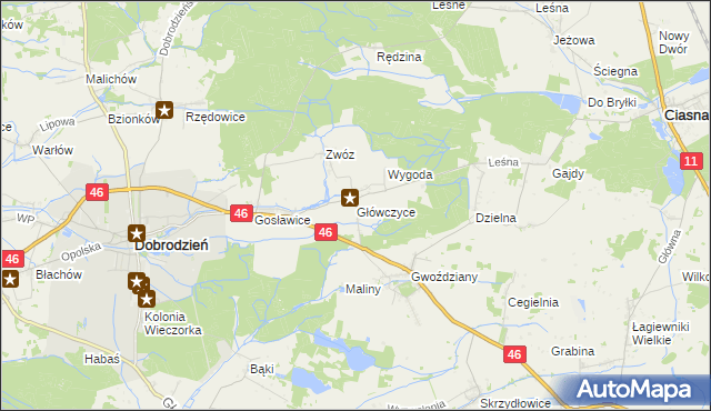 mapa Główczyce gmina Dobrodzień, Główczyce gmina Dobrodzień na mapie Targeo