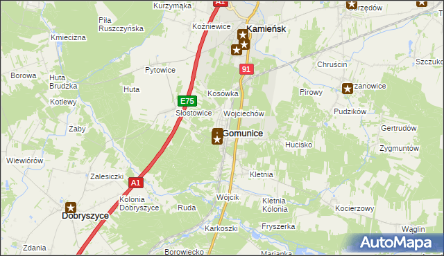 mapa Gomunice, Gomunice na mapie Targeo