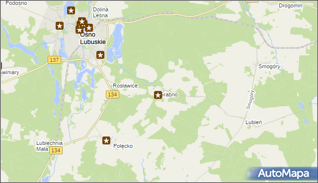 mapa Grabno gmina Ośno Lubuskie, Grabno gmina Ośno Lubuskie na mapie Targeo