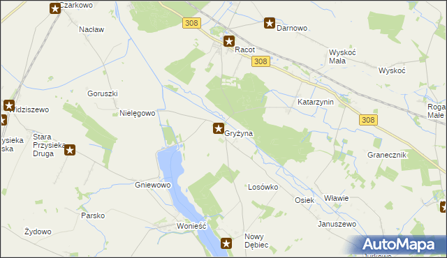 mapa Gryżyna gmina Kościan, Gryżyna gmina Kościan na mapie Targeo