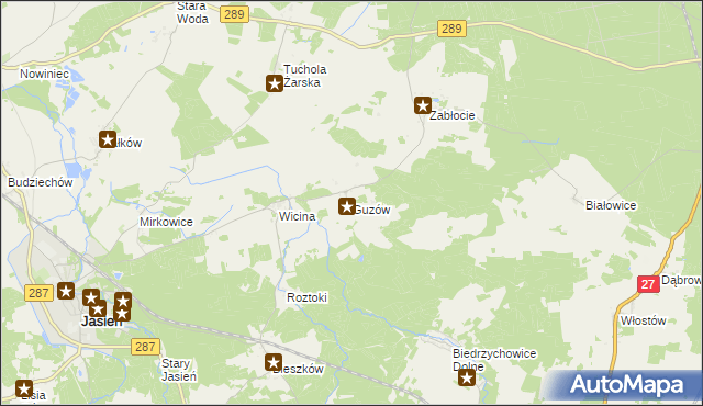 mapa Guzów gmina Jasień, Guzów gmina Jasień na mapie Targeo