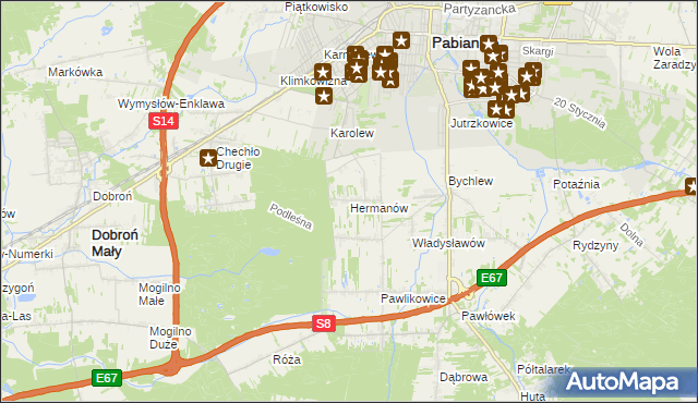 mapa Hermanów gmina Pabianice, Hermanów gmina Pabianice na mapie Targeo