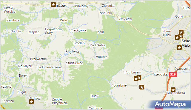 mapa Hucisko gmina Głogów Małopolski, Hucisko gmina Głogów Małopolski na mapie Targeo