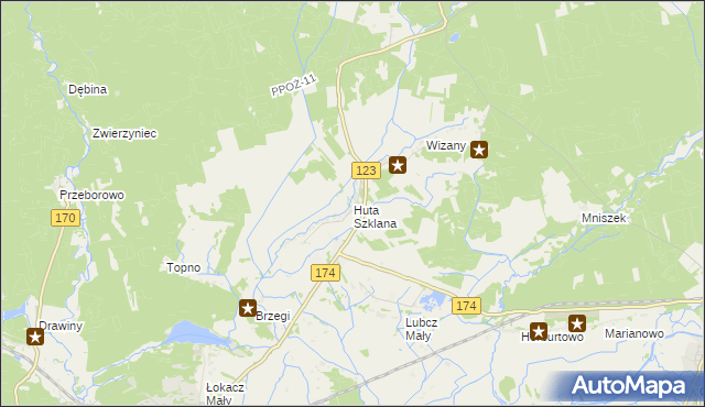 mapa Huta Szklana gmina Krzyż Wielkopolski, Huta Szklana gmina Krzyż Wielkopolski na mapie Targeo