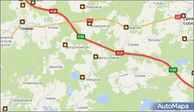 mapa Jędrzychowice gmina Trzebiel, Jędrzychowice gmina Trzebiel na mapie Targeo