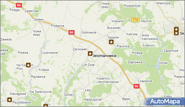 mapa Jerzmanowice gmina Jerzmanowice-Przeginia, Jerzmanowice gmina Jerzmanowice-Przeginia na mapie Targeo