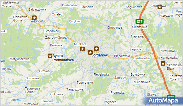 mapa Jordanów powiat suski, Jordanów powiat suski na mapie Targeo