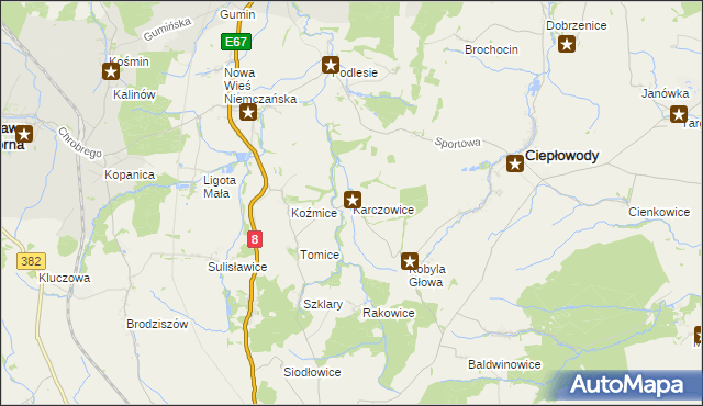 mapa Karczowice gmina Ciepłowody, Karczowice gmina Ciepłowody na mapie Targeo