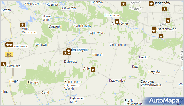 mapa Kodrań gmina Sulmierzyce, Kodrań gmina Sulmierzyce na mapie Targeo