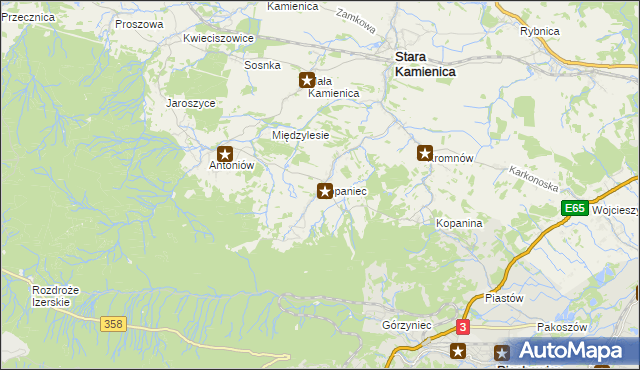 mapa Kopaniec gmina Stara Kamienica, Kopaniec gmina Stara Kamienica na mapie Targeo