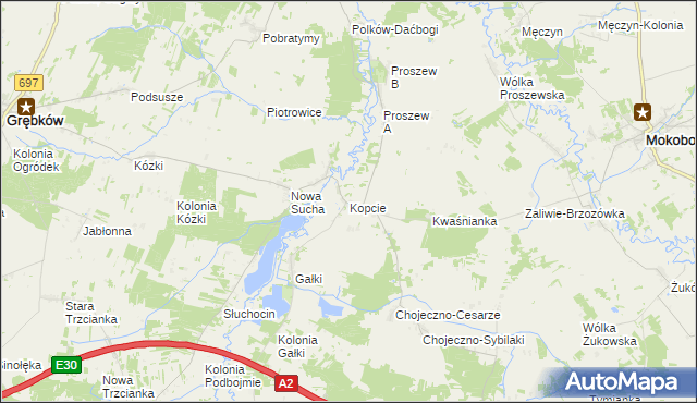mapa Kopcie gmina Grębków, Kopcie gmina Grębków na mapie Targeo
