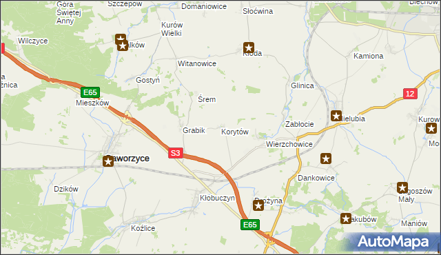 mapa Korytów gmina Gaworzyce, Korytów gmina Gaworzyce na mapie Targeo