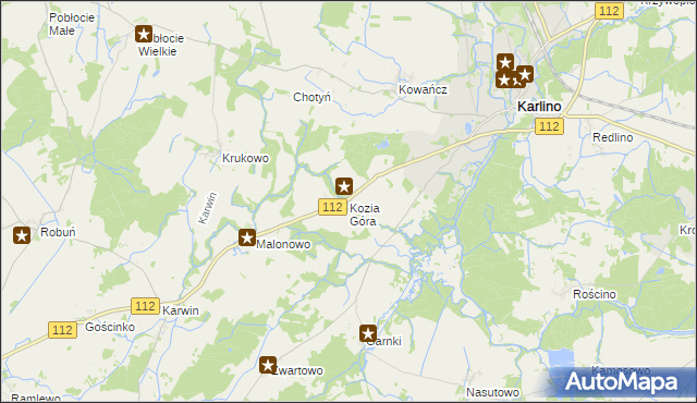 mapa Kozia Góra gmina Karlino, Kozia Góra gmina Karlino na mapie Targeo