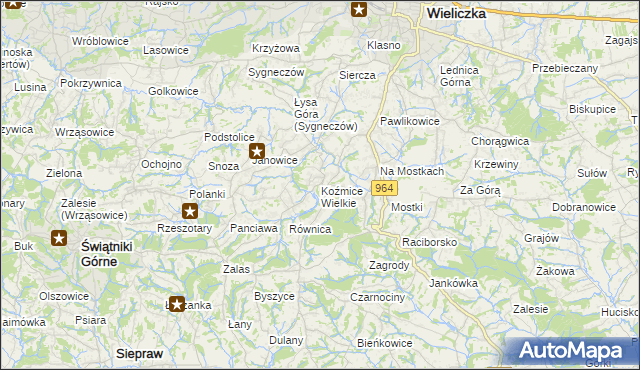 mapa Koźmice Wielkie, Koźmice Wielkie na mapie Targeo