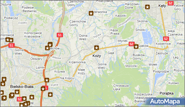 mapa Kozy powiat bielski, Kozy powiat bielski na mapie Targeo