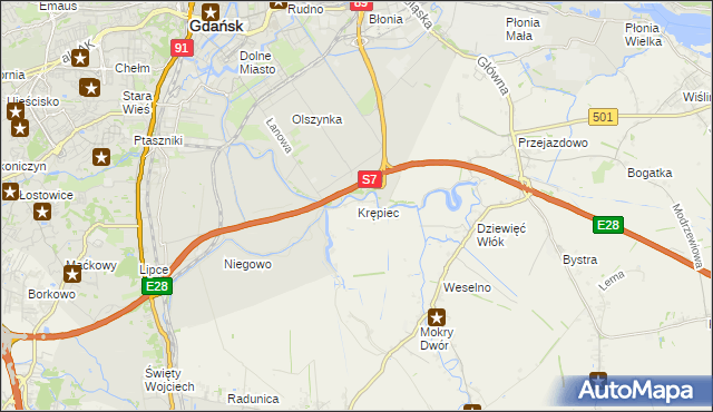 mapa Krępiec gmina Pruszcz Gdański, Krępiec gmina Pruszcz Gdański na mapie Targeo