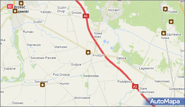 mapa Kruszyn gmina Włocławek, Kruszyn gmina Włocławek na mapie Targeo