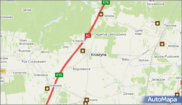 mapa Kruszyna powiat częstochowski, Kruszyna powiat częstochowski na mapie Targeo