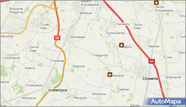 mapa Księginice gmina Kobierzyce, Księginice gmina Kobierzyce na mapie Targeo