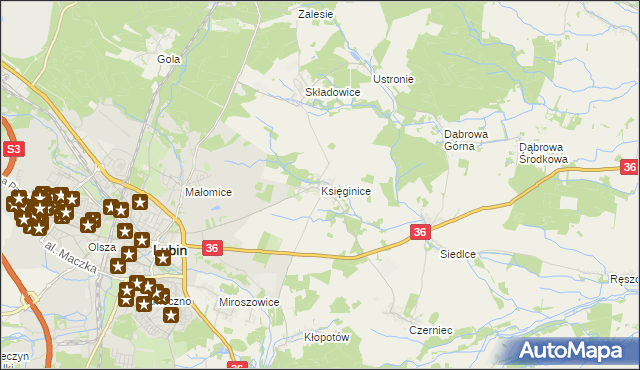 mapa Księginice gmina Lubin, Księginice gmina Lubin na mapie Targeo