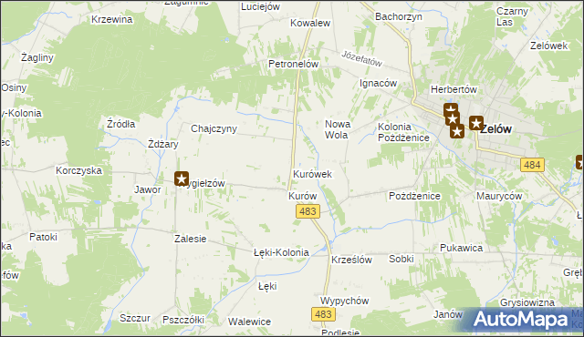 mapa Kurówek gmina Zelów, Kurówek gmina Zelów na mapie Targeo