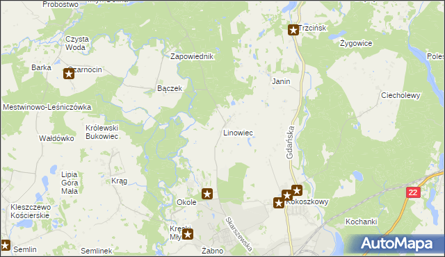 mapa Linowiec gmina Starogard Gdański, Linowiec gmina Starogard Gdański na mapie Targeo
