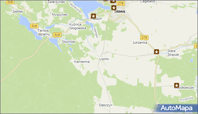 mapa Lipinki gmina Sława, Lipinki gmina Sława na mapie Targeo