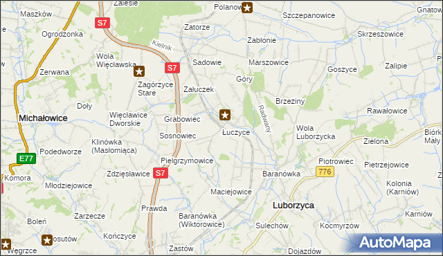 mapa Łuczyce gmina Kocmyrzów-Luborzyca, Łuczyce gmina Kocmyrzów-Luborzyca na mapie Targeo