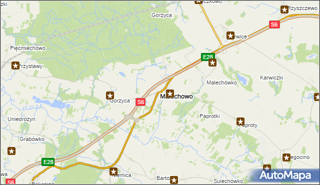 mapa Malechowo powiat sławieński, Malechowo powiat sławieński na mapie Targeo