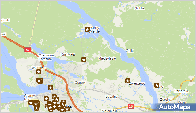 mapa Międzylesie gmina Ostróda, Międzylesie gmina Ostróda na mapie Targeo