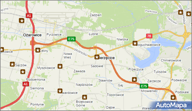 mapa Mierzęcice, Mierzęcice na mapie Targeo