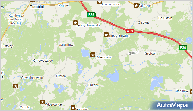 mapa Mieszków gmina Trzebiel, Mieszków gmina Trzebiel na mapie Targeo