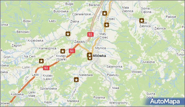 mapa Milówka powiat żywiecki, Milówka powiat żywiecki na mapie Targeo