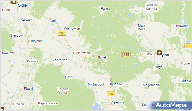 mapa Młynek gmina Gidle, Młynek gmina Gidle na mapie Targeo