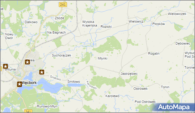 mapa Młynki gmina Więcbork, Młynki gmina Więcbork na mapie Targeo