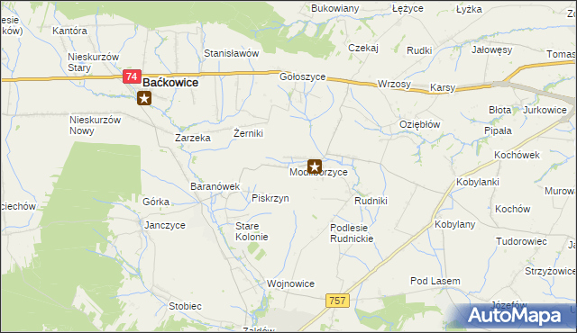 mapa Modliborzyce gmina Baćkowice, Modliborzyce gmina Baćkowice na mapie Targeo