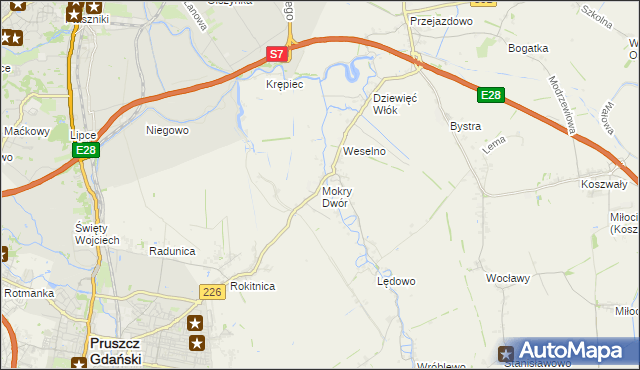 mapa Mokry Dwór gmina Pruszcz Gdański, Mokry Dwór gmina Pruszcz Gdański na mapie Targeo