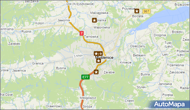mapa Myślenice, Myślenice na mapie Targeo