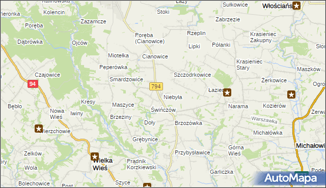 mapa Niebyła gmina Skała, Niebyła gmina Skała na mapie Targeo