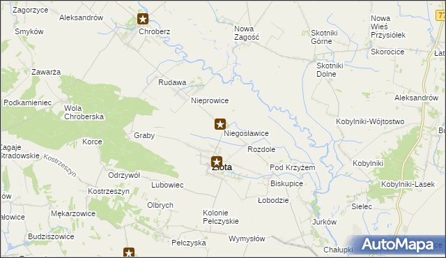 mapa Niegosławice gmina Złota, Niegosławice gmina Złota na mapie Targeo